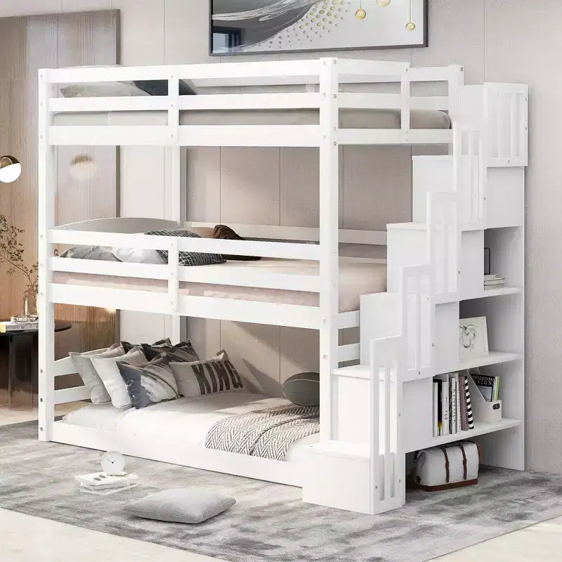 Twin Size Triple Bunk Bed with Storage Staircase, Convertible 3-in-1 Wooden Bunk Bed Frame with Safety Rails, White -