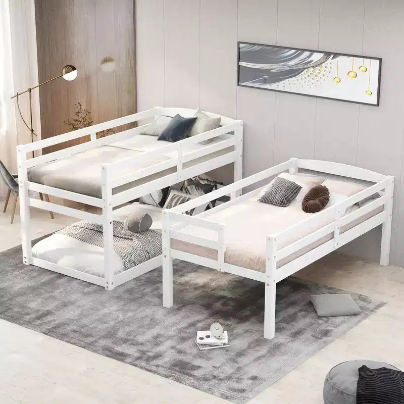 Twin Size Triple Bunk Bed with Storage Staircase, Convertible 3-in-1 Wooden Bunk Bed Frame with Safety Rails, White -