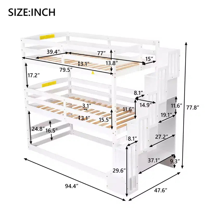 Twin Size Triple Bunk Bed with Storage Staircase, Convertible 3-in-1 Wooden Bunk Bed Frame with Safety Rails, White -