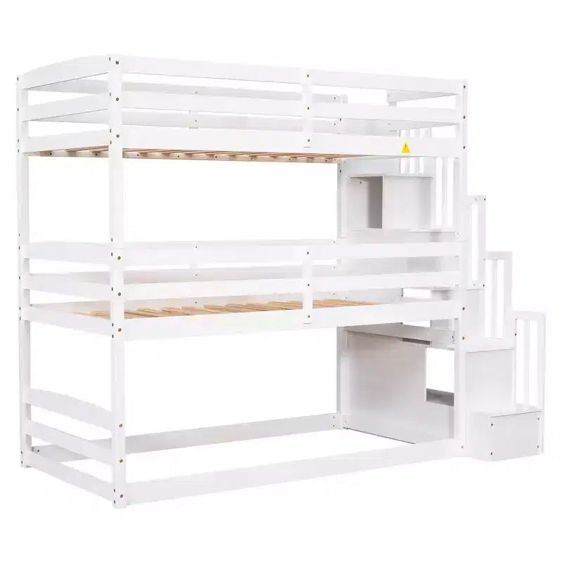 Twin Size Triple Bunk Bed with Storage Staircase, Convertible 3-in-1 Wooden Bunk Bed Frame with Safety Rails, White -