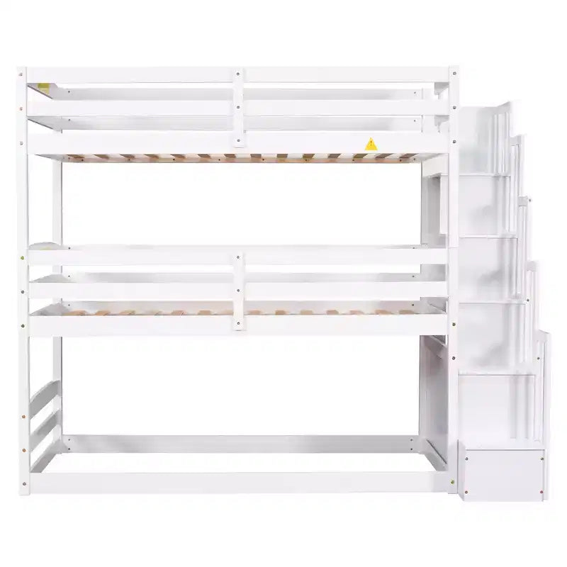 Twin Size Triple Bunk Bed with Storage Staircase, Convertible 3-in-1 Wooden Bunk Bed Frame with Safety Rails, White -