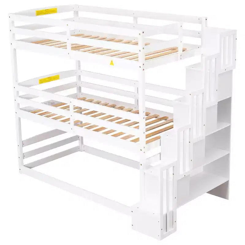 Twin Size Triple Bunk Bed with Storage Staircase, Convertible 3-in-1 Wooden Bunk Bed Frame with Safety Rails, White -