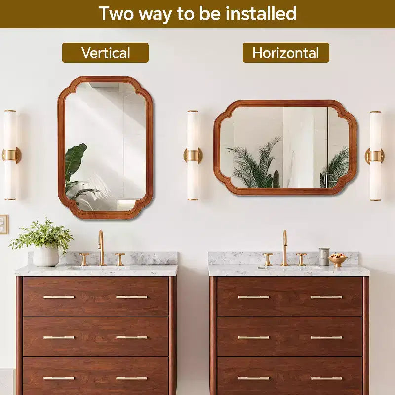 24 x 36 Solid Wood Frame Rounded Corner Decorative Mirror for Bedroom Bathroom Living Room Yellowish Brown