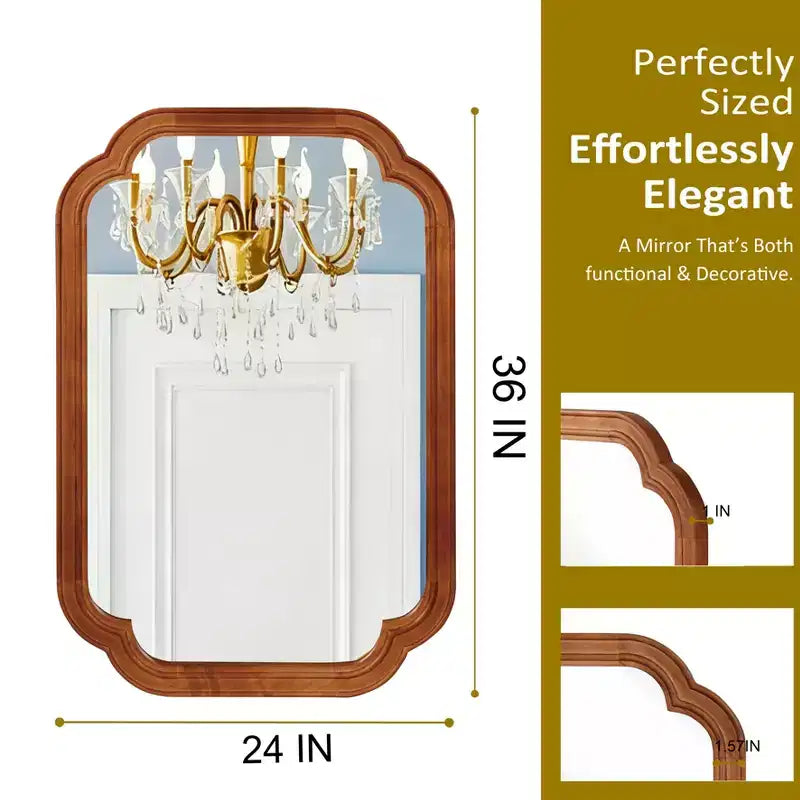 24 x 36 Solid Wood Frame Rounded Corner Decorative Mirror for Bedroom Bathroom Living Room Yellowish Brown