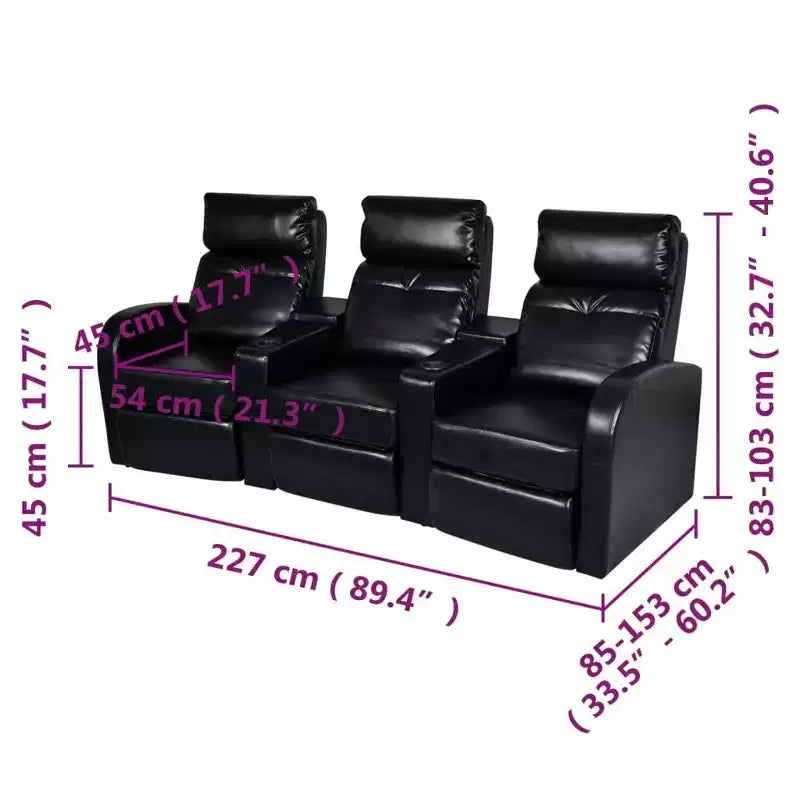 3-Seater Home Theater Recliner Sofa with Built-in Cup Holder - Black