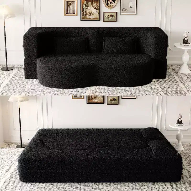 Modern Convertible Sectional Sofa Couch Floor Sofa with 2 Pillows Teddy Fabric Upholstered Sofa Folding Mattress No Assembly Required