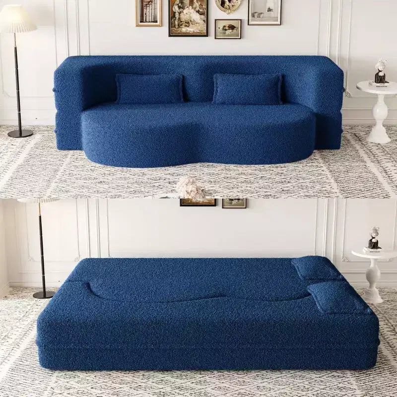 Modern Convertible Sectional Sofa Couch Floor Sofa with 2 Pillows Teddy Fabric Upholstered Sofa Folding Mattress No Assembly Required