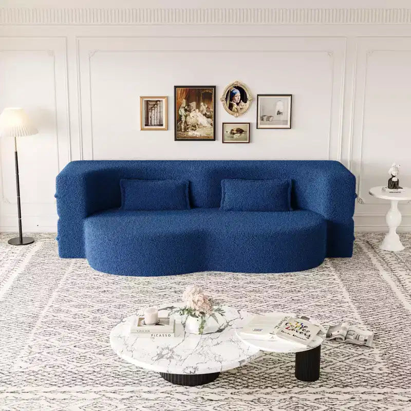 Modern Convertible Sectional Sofa Couch Floor Sofa with 2 Pillows Teddy Fabric Upholstered Sofa Folding Mattress No Assembly Required