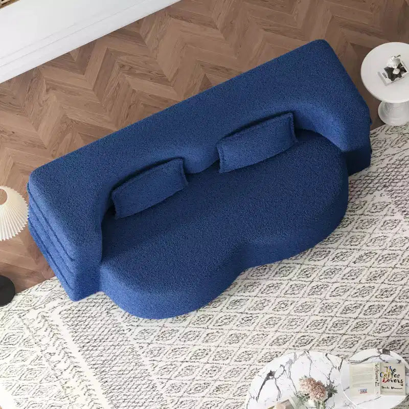 Modern Convertible Sectional Sofa Couch Floor Sofa with 2 Pillows Teddy Fabric Upholstered Sofa Folding Mattress No Assembly Required
