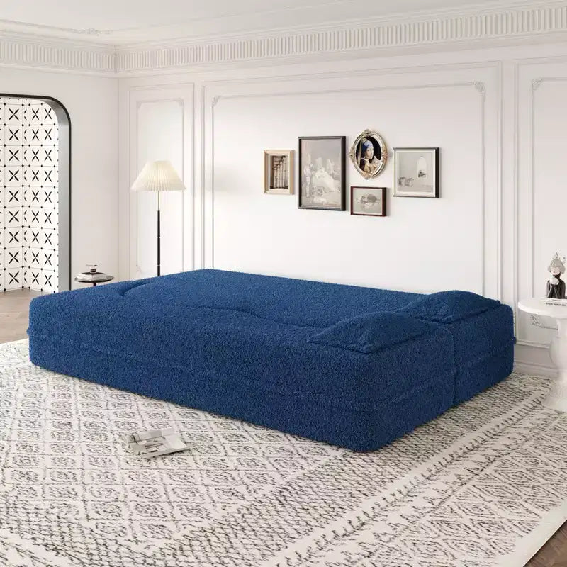 Modern Convertible Sectional Sofa Couch Floor Sofa with 2 Pillows Teddy Fabric Upholstered Sofa Folding Mattress No Assembly Required