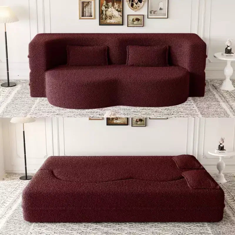 Modern Convertible Sectional Sofa Couch Floor Sofa with 2 Pillows Teddy Fabric Upholstered Sofa Folding Mattress No Assembly Required