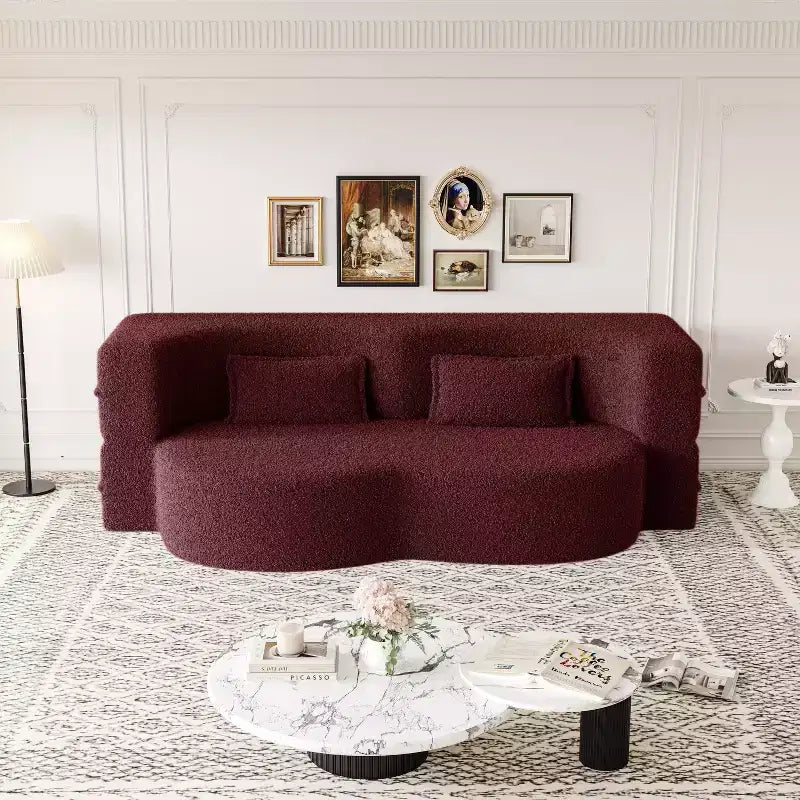 Modern Convertible Sectional Sofa Couch Floor Sofa with 2 Pillows Teddy Fabric Upholstered Sofa Folding Mattress No Assembly Required