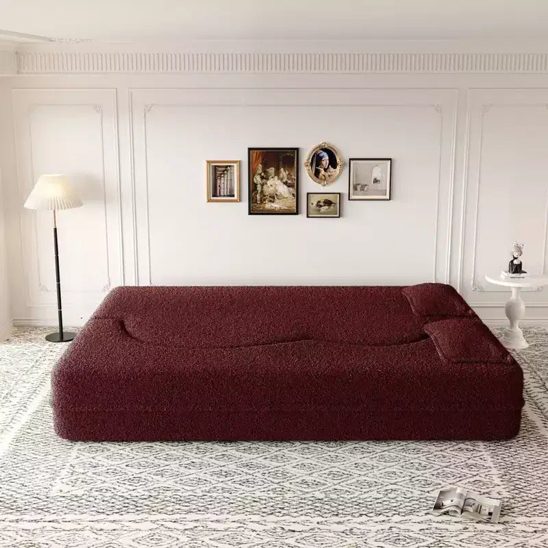 Modern Convertible Sectional Sofa Couch Floor Sofa with 2 Pillows Teddy Fabric Upholstered Sofa Folding Mattress No Assembly Required