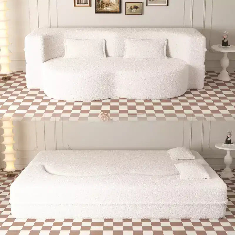 Modern Convertible Sectional Sofa Couch Floor Sofa with 2 Pillows Teddy Fabric Upholstered Sofa Folding Mattress No Assembly Required
