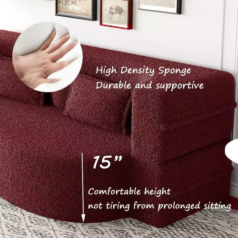 Modern Convertible Sectional Sofa Couch Floor Sofa with 2 Pillows Teddy Fabric Upholstered Sofa Folding Mattress No Assembly Required
