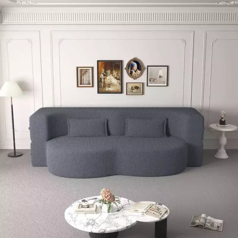 Modern Convertible Sectional Sofa Couch Floor Sofa with 2 Pillows Teddy Fabric Upholstered Sofa Folding Mattress No Assembly Required
