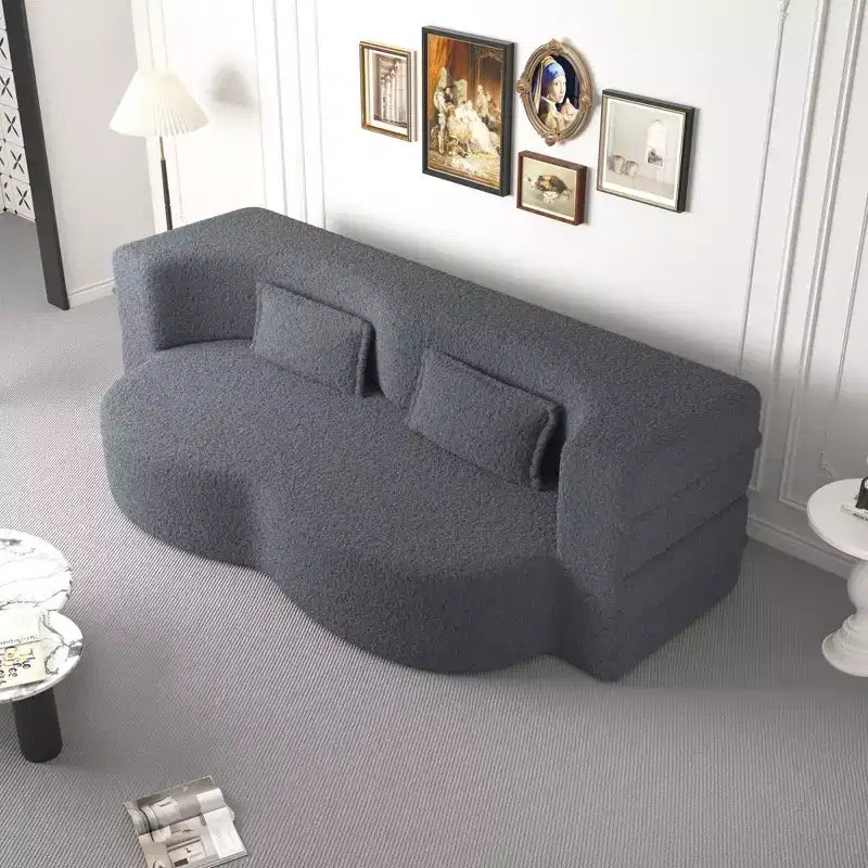 Modern Convertible Sectional Sofa Couch Floor Sofa with 2 Pillows Teddy Fabric Upholstered Sofa Folding Mattress No Assembly Required