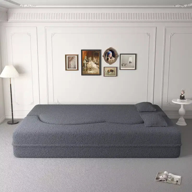 Modern Convertible Sectional Sofa Couch Floor Sofa with 2 Pillows Teddy Fabric Upholstered Sofa Folding Mattress No Assembly Required