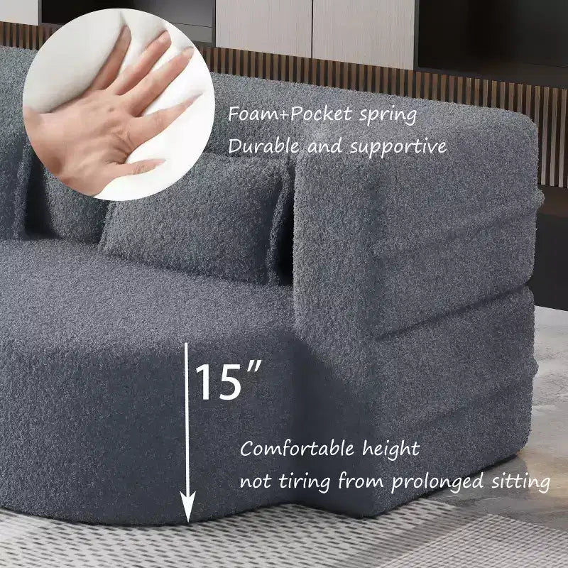 Modern Convertible Sectional Sofa Couch Floor Sofa with 2 Pillows Teddy Fabric Upholstered Sofa Folding Mattress No Assembly Required