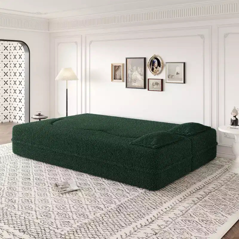 Modern Convertible Sectional Sofa Couch Floor Sofa with 2 Pillows Teddy Fabric Upholstered Sofa Folding Mattress No Assembly Required