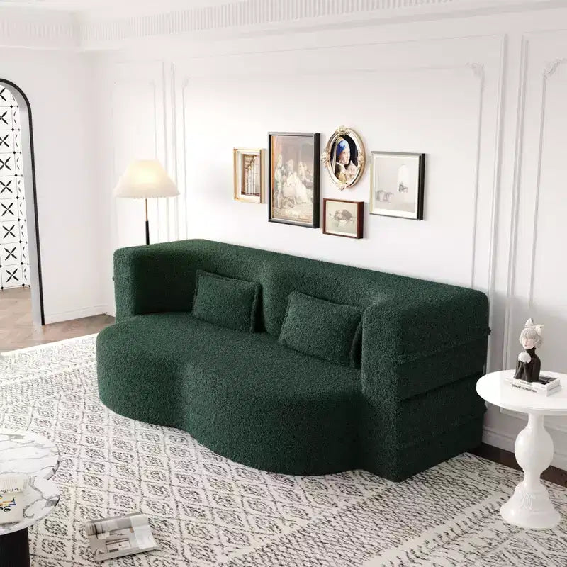 Modern Convertible Sectional Sofa Couch Floor Sofa with 2 Pillows Teddy Fabric Upholstered Sofa Folding Mattress No Assembly Required