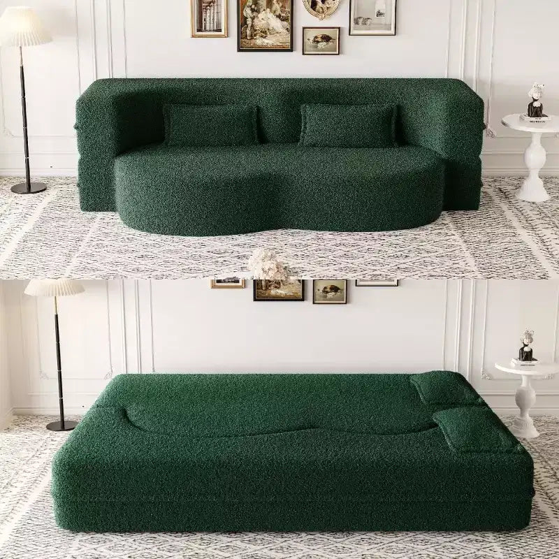 Modern Convertible Sectional Sofa Couch Floor Sofa with 2 Pillows Teddy Fabric Upholstered Sofa Folding Mattress No Assembly Required