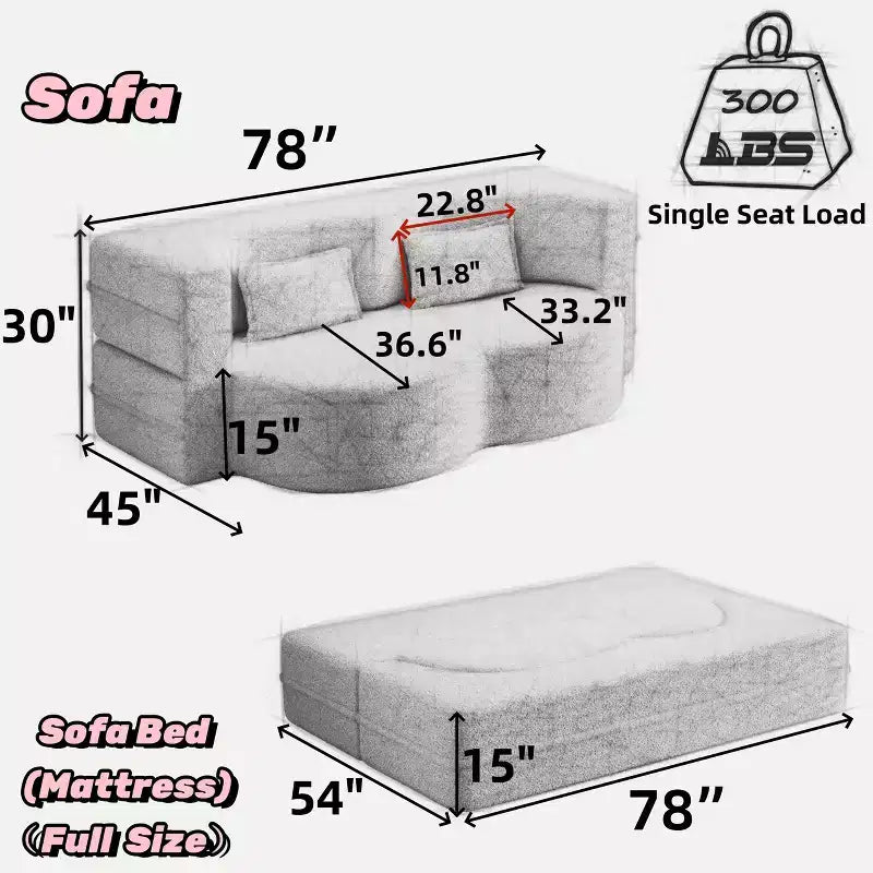Modern Convertible Sectional Sofa Couch Floor Sofa with 2 Pillows Teddy Fabric Upholstered Sofa Folding Mattress No Assembly Required