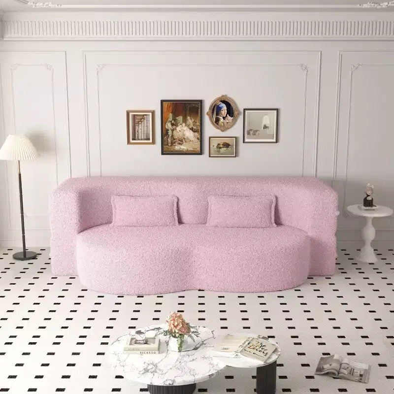 Modern Convertible Sectional Sofa Couch Floor Sofa with 2 Pillows Teddy Fabric Upholstered Sofa Folding Mattress No Assembly Required