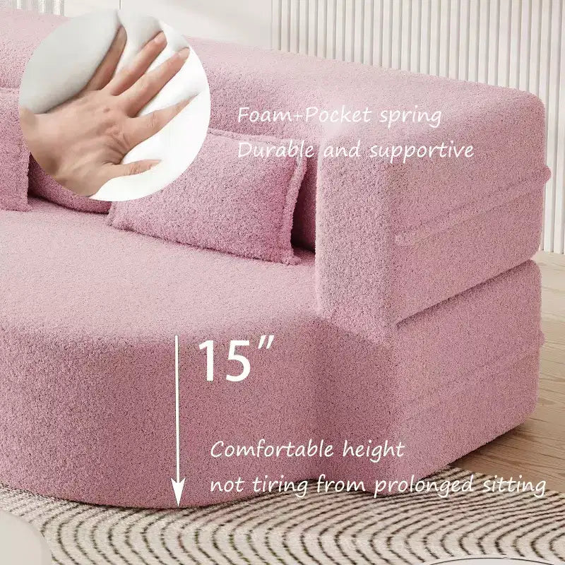 Modern Convertible Sectional Sofa Couch Floor Sofa with 2 Pillows Teddy Fabric Upholstered Sofa Folding Mattress No Assembly Required