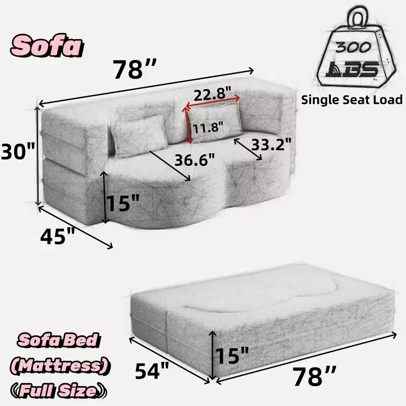 Modern Convertible Sectional Sofa Couch Floor Sofa with 2 Pillows Teddy Fabric Upholstered Sofa Folding Mattress No Assembly Required
