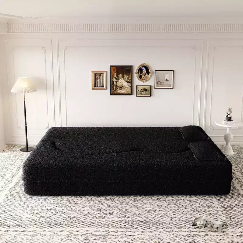 Modern Convertible Sectional Sofa Couch Floor Sofa with 2 Pillows Teddy Fabric Upholstered Sofa Folding Mattress No Assembly Required