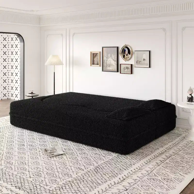 Modern Convertible Sectional Sofa Couch Floor Sofa with 2 Pillows Teddy Fabric Upholstered Sofa Folding Mattress No Assembly Required