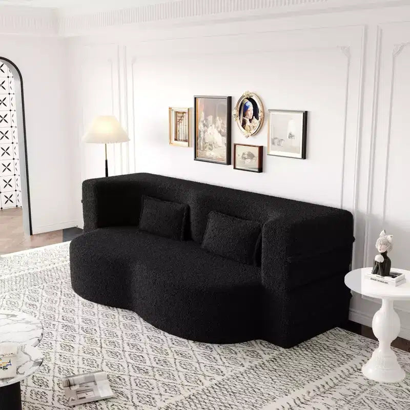 Modern Convertible Sectional Sofa Couch Floor Sofa with 2 Pillows Teddy Fabric Upholstered Sofa Folding Mattress No Assembly Required
