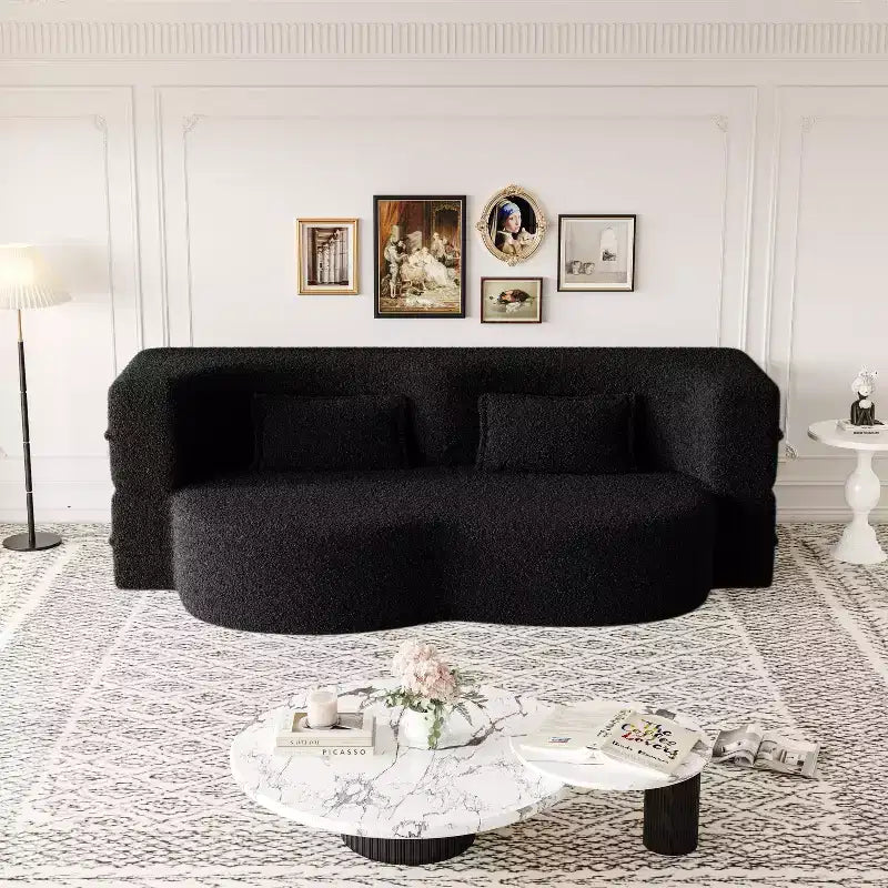 Modern Convertible Sectional Sofa Couch Floor Sofa with 2 Pillows Teddy Fabric Upholstered Sofa Folding Mattress No Assembly Required