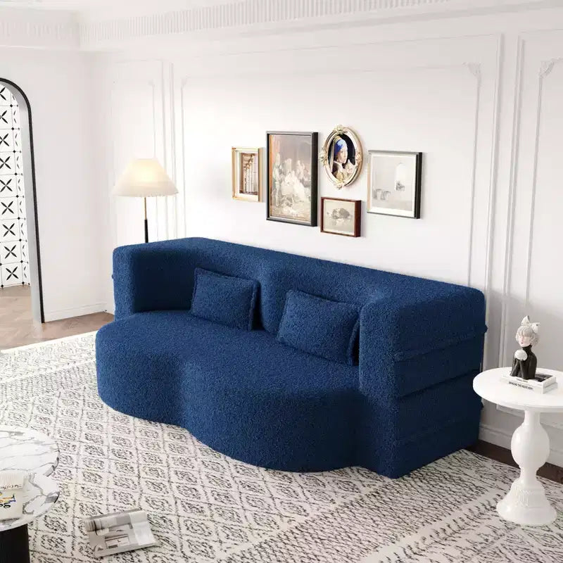 Modern Convertible Sectional Sofa Couch Floor Sofa with 2 Pillows Teddy Fabric Upholstered Sofa Folding Mattress No Assembly Required