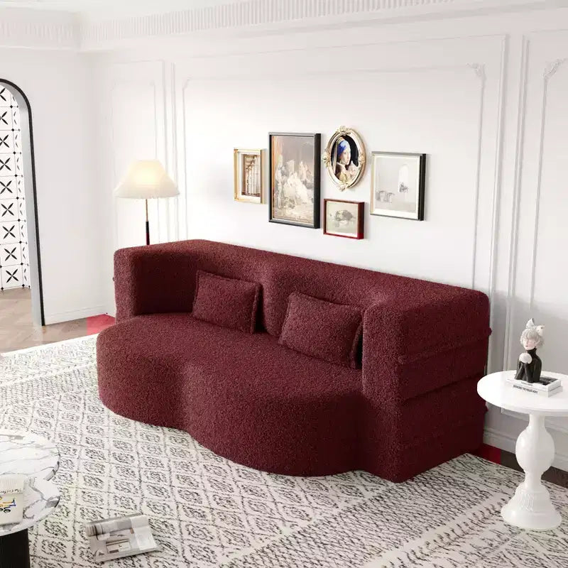 Modern Convertible Sectional Sofa Couch Floor Sofa with 2 Pillows Teddy Fabric Upholstered Sofa Folding Mattress No Assembly Required