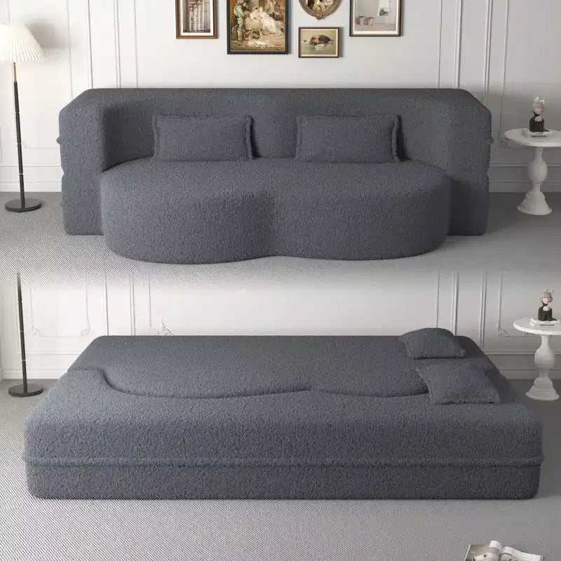 Modern Convertible Sectional Sofa Couch Floor Sofa with 2 Pillows Teddy Fabric Upholstered Sofa Folding Mattress No Assembly Required