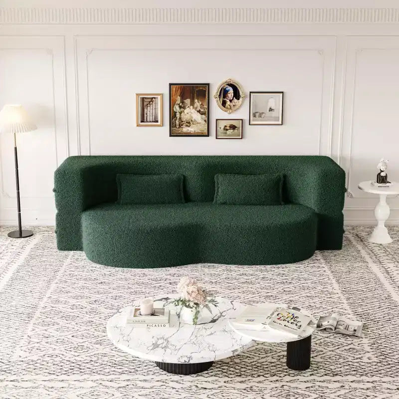 Modern Convertible Sectional Sofa Couch Floor Sofa with 2 Pillows Teddy Fabric Upholstered Sofa Folding Mattress No Assembly Required