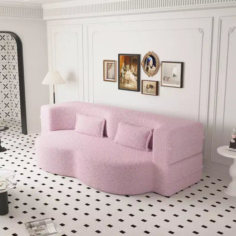 Modern Convertible Sectional Sofa Couch Floor Sofa with 2 Pillows Teddy Fabric Upholstered Sofa Folding Mattress No Assembly Required