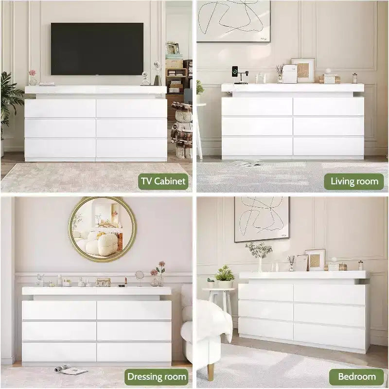 modern 6-drawer dressing table - storage cabinet with LED lights, top sliding storage, bedroom, living room