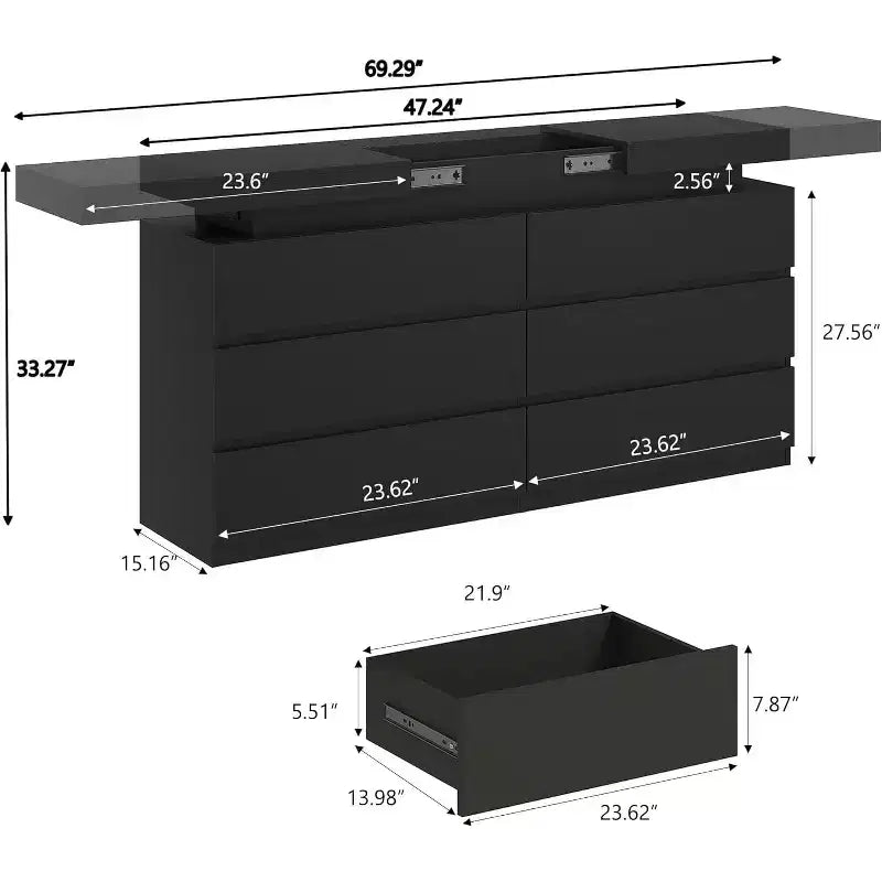 modern 6-drawer dressing table - storage cabinet with LED lights, top sliding storage, bedroom, living room