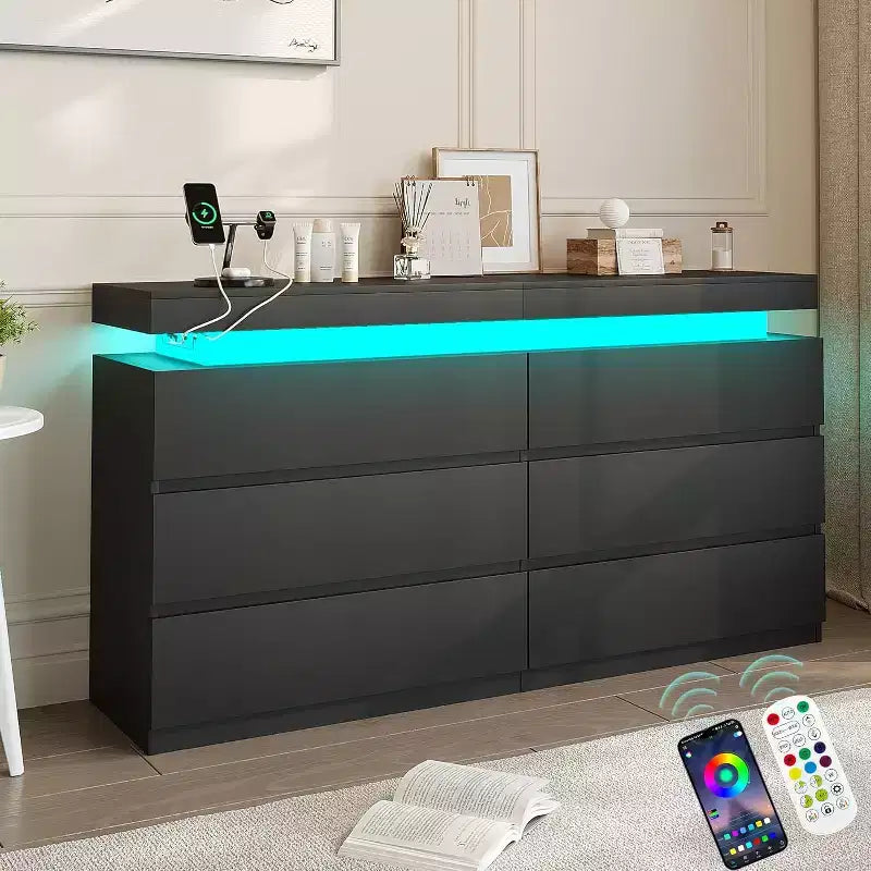 modern 6-drawer dressing table - storage cabinet with LED lights, top sliding storage, bedroom, living room