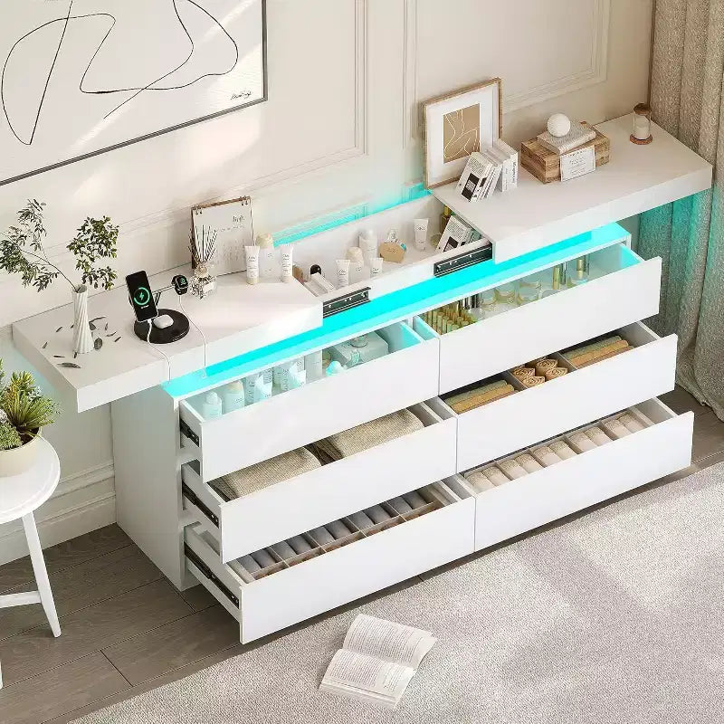 modern 6-drawer dressing table - storage cabinet with LED lights, top sliding storage, bedroom, living room