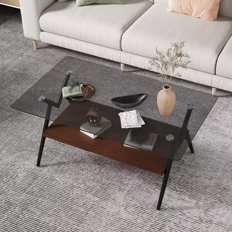 Modern 2-Tier Coffee Table with Tempered Glass Top & Sturdy Metal Legs, Center Accent Table with Open Shelf for Living Room