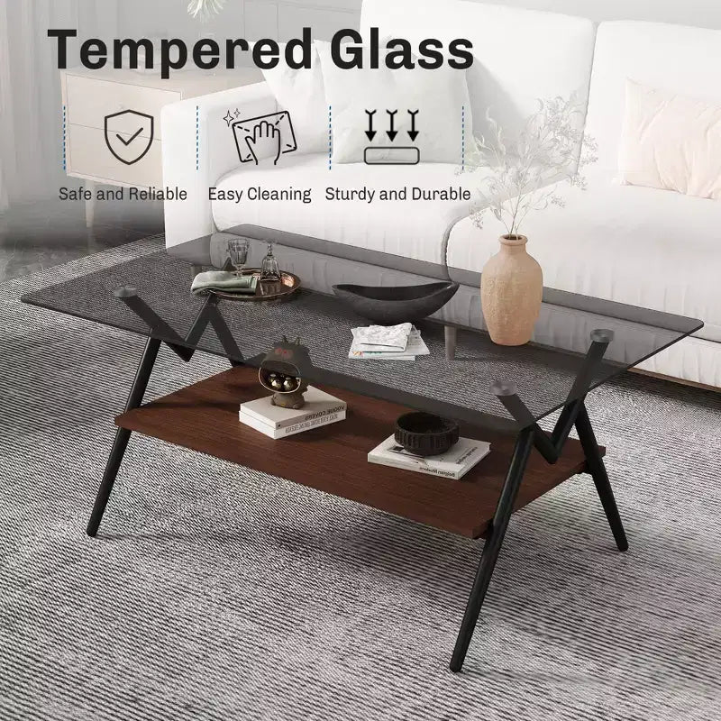 Modern 2-Tier Coffee Table with Tempered Glass Top & Sturdy Metal Legs, Center Accent Table with Open Shelf for Living Room