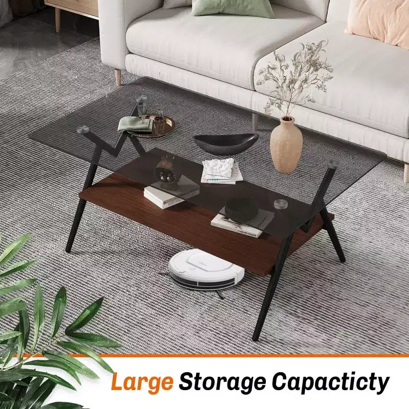 Modern 2-Tier Coffee Table with Tempered Glass Top & Sturdy Metal Legs, Center Accent Table with Open Shelf for Living Room