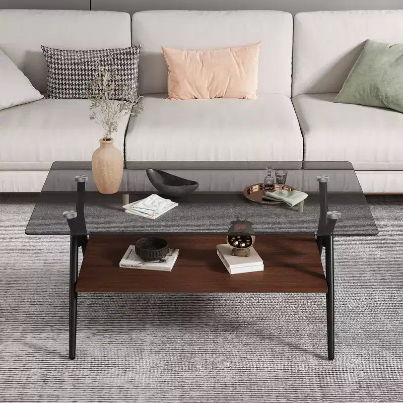 Modern 2-Tier Coffee Table with Tempered Glass Top & Sturdy Metal Legs, Center Accent Table with Open Shelf for Living Room