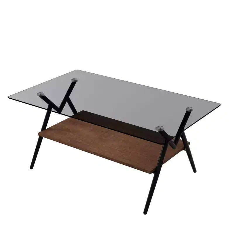 Modern 2-Tier Coffee Table with Tempered Glass Top & Sturdy Metal Legs, Center Accent Table with Open Shelf for Living Room