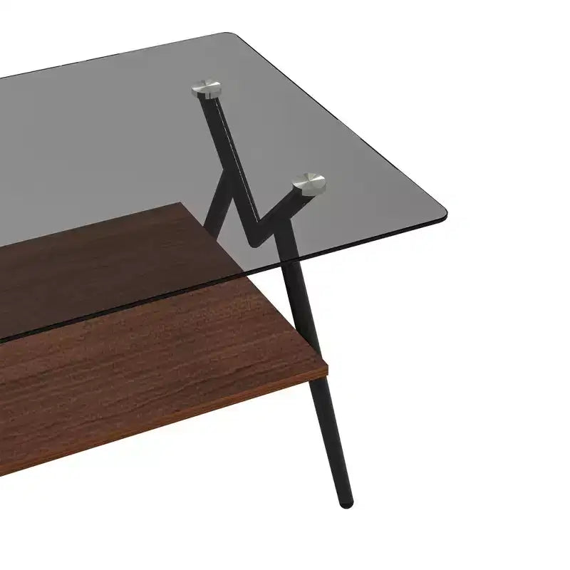 Modern 2-Tier Coffee Table with Tempered Glass Top & Sturdy Metal Legs, Center Accent Table with Open Shelf for Living Room