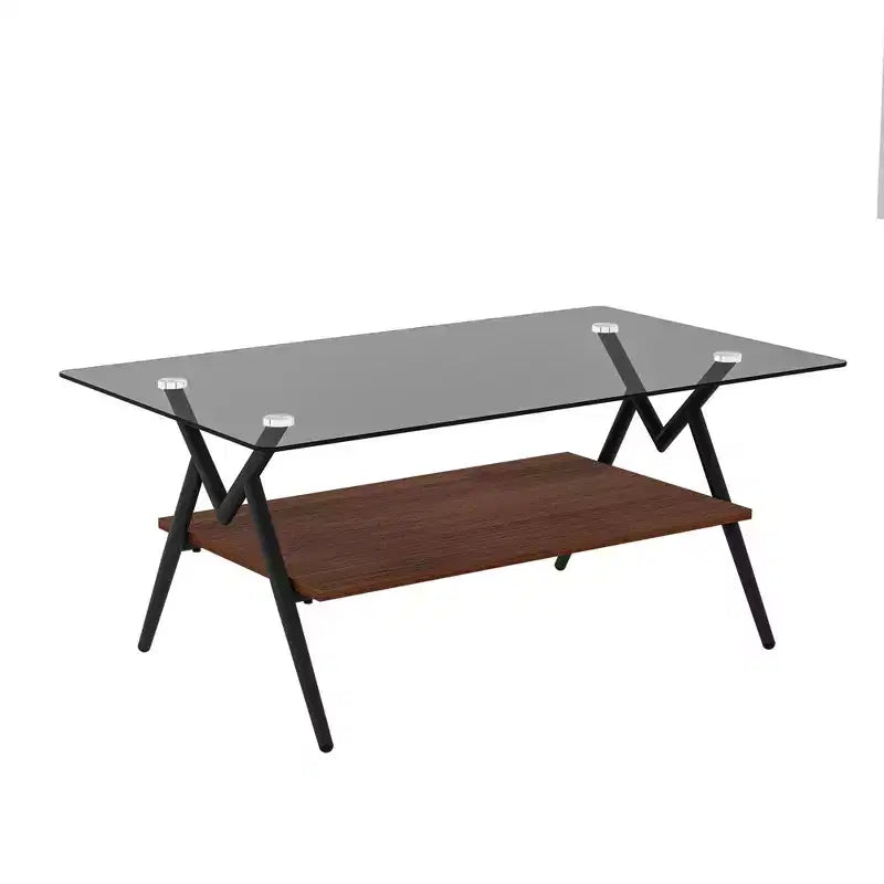 Modern 2-Tier Coffee Table with Tempered Glass Top & Sturdy Metal Legs, Center Accent Table with Open Shelf for Living Room